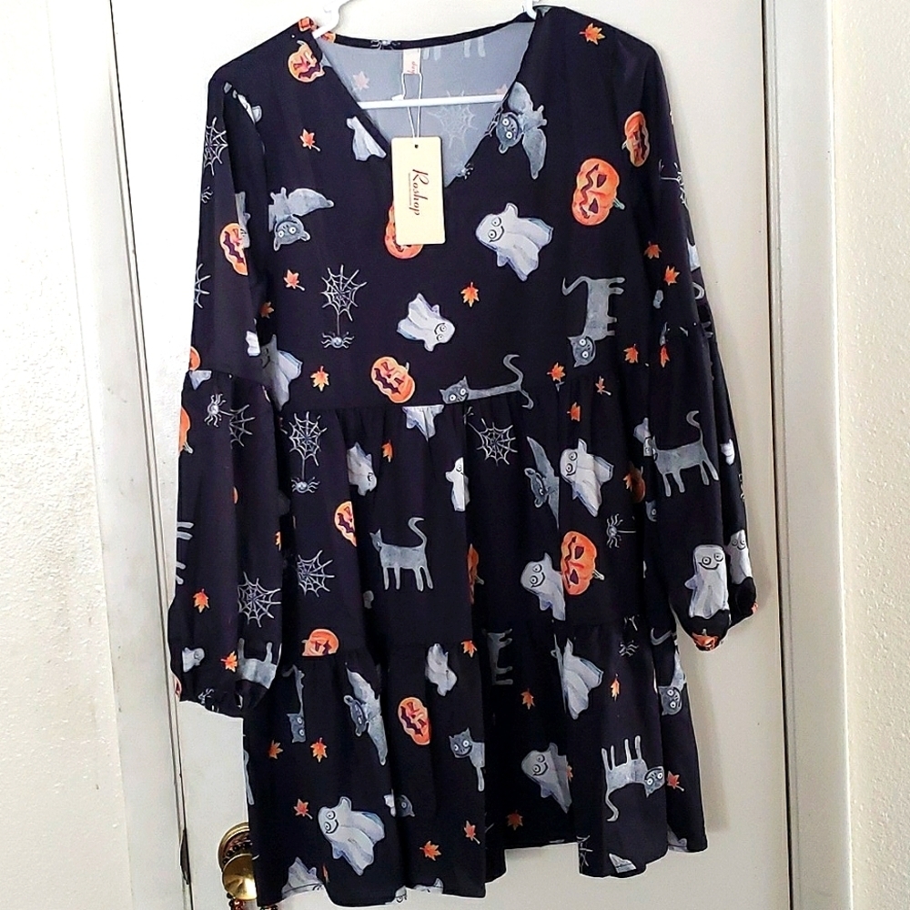 Roshop Bell Sleeve Cute Print Casual Flare Swing Dress with Halloween Print SZ S